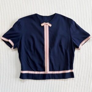 Vintage Sailor Style Navy Short-Sleeve Top with Red Ribbon Trim and Neck Bow USA